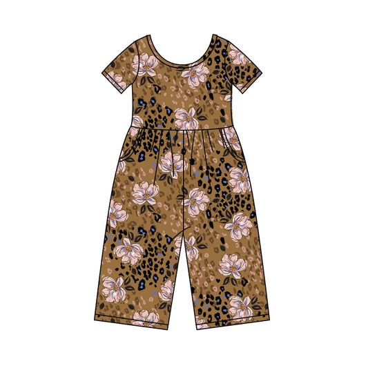(Custom Design Preorder MOQ 5) Flowers Leopard Print Girls Pockets Jumpsuits
