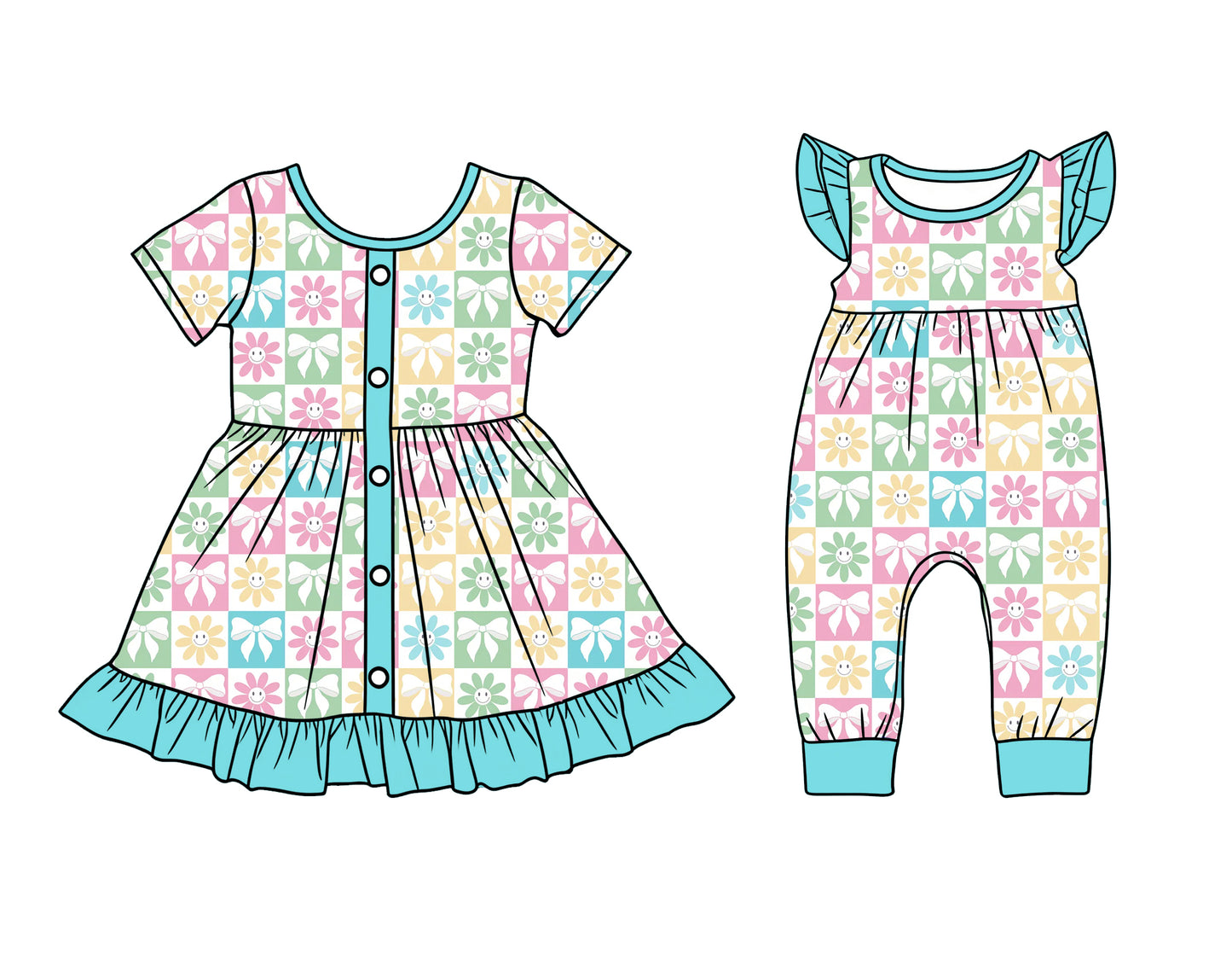 12.10 (Custom Design Preorder MOQ 5 Each Design) Colorful Flowers Plaid Print Girls Summer Matching Clothes Sisters Wear