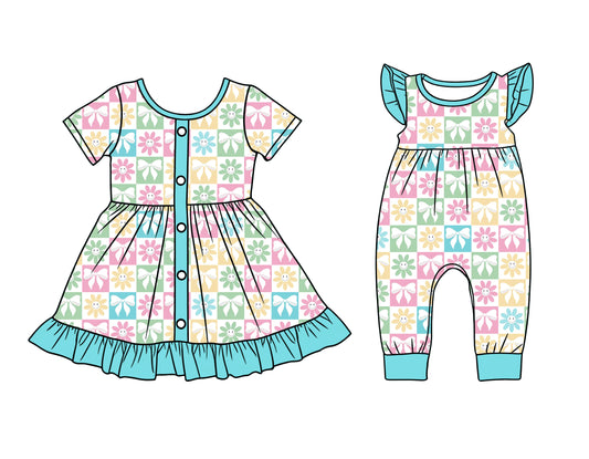 12.10 (Custom Design Preorder MOQ 5 Each Design) Colorful Flowers Plaid Print Girls Summer Matching Clothes Sisters Wear