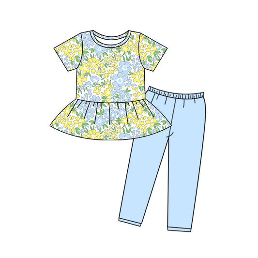 (Custom Design Preorder MOQ 5) Flowers Top Blue Pants Girls Clothes Set