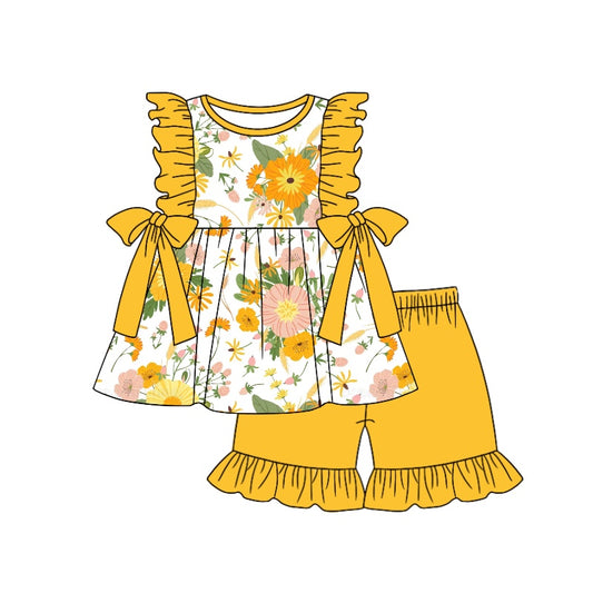 (Custom Design Preorder MOQ 5) Yellow Flowers Top Ruffle Shorts Girls Summer Clothes Set