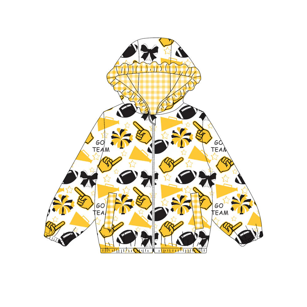 (Custom Design Preorder MOQ 5) Yellow Black Go Team Cheer Bows Print Pockets Girls Long Sleeve Zipper Jackets Top