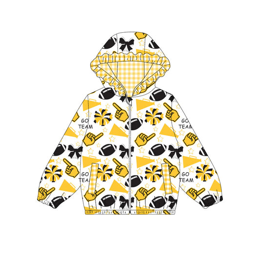 (Custom Design Preorder MOQ 5) Yellow Black Go Team Cheer Bows Print Pockets Girls Long Sleeve Zipper Jackets Top