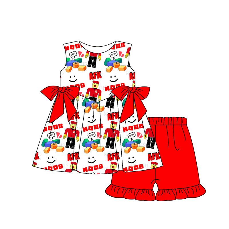 2.19(Custom Design Preorder MOQ 5)  Cartoon Games Roblo* Top Red Shorts Girls Summer Clothes Set