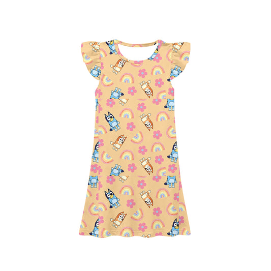 11.23(Custom Design Preorder MOQ 5) Cartoon Dog Rainbow Flowers Print Girls Flutter Sleeve Knee Length Dress