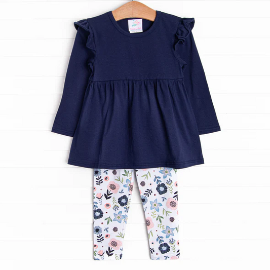 (Custom Design Preorder MOQ 5) Navy Tunic Top Flowers Legging Pants Girls Fall Clothes Set