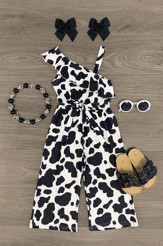 (Custom Design Preorder MOQ 5) Black Cowhide Print Girls Summer Jumpsuits