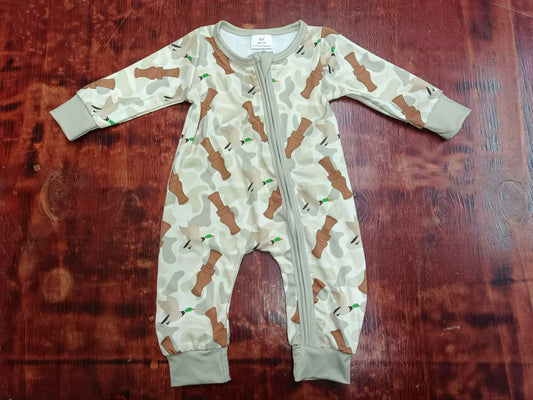 (Custom Design Preorder MOQ 3 ) Gray Camo Duck Call Print Baby Fall Sleeper Zipper Romper