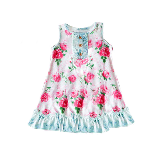 (Custom Design Preorder MOQ 5) Pink Flowers Print Girls Knee Length Summer Dress
