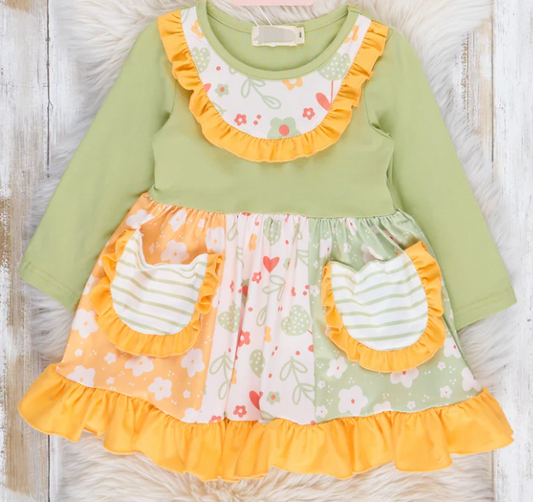 (Custom Design Preorder MOQ 5) Mustard Flowers Print Pockets Green Girls Knee Length Fall Dress