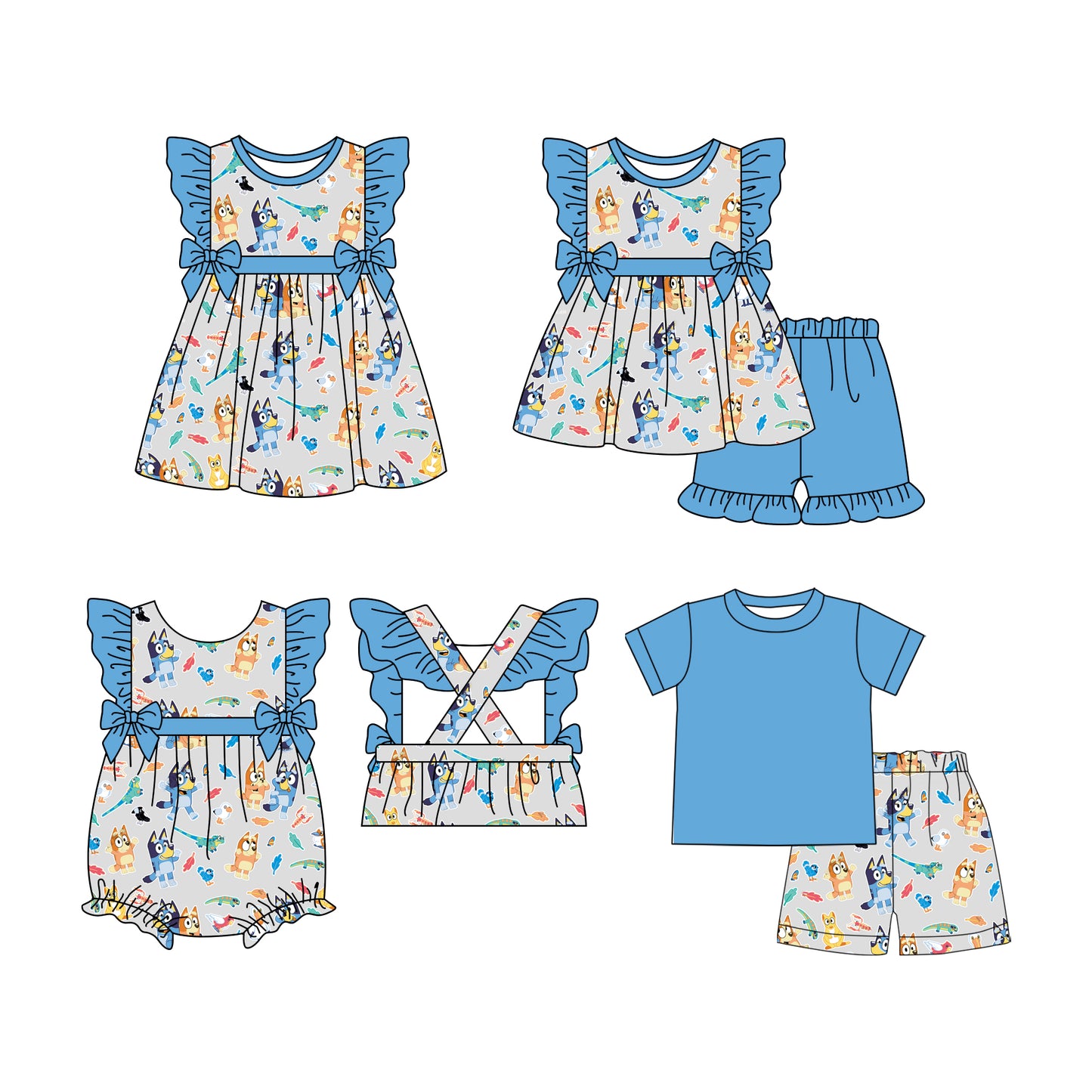 12.11(Custom Design Preorder MOQ 5 Each Design) Cartoon Dog Blue Print Kids Summer Matching Clothes Sibling Wear
