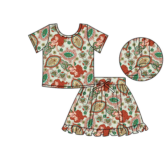 (Custom Design Preorder MOQ 5) Cartoon Princess Green Top Skirts Shorts Girls Summer Clothes Set