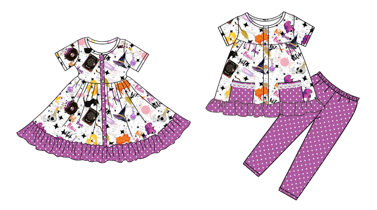 5.6(Custom Design Preorder MOQ 5 Each Design) Witch Magic Print Girls Halloween Matching Clothes Sisters Wear