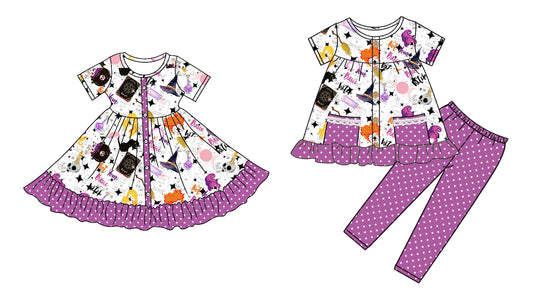 5.6(Custom Design Preorder MOQ 5 Each Design) Witch Magic Print Girls Halloween Matching Clothes Sisters Wear