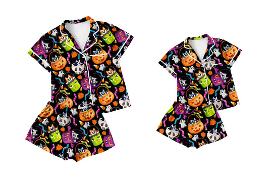 5.6(Custom Design Preorder MOQ 5 Each Design) Cartoon Dog Pumpkin Print Buttons Pajamas Sets Mom and Me Summer Halloween Matching Clothes