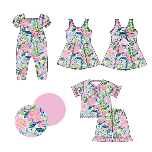1.4(Custom Design Preorder MOQ 5 Each Design) Pink Flowers Print Girls Summer Matching Clothes Sisters Wear