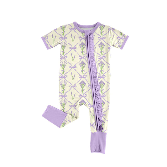 (Custom Design Preorder MOQ 5)  Lavender Bows Print Baby Girls Bamboo Sleeper Zipper Romper