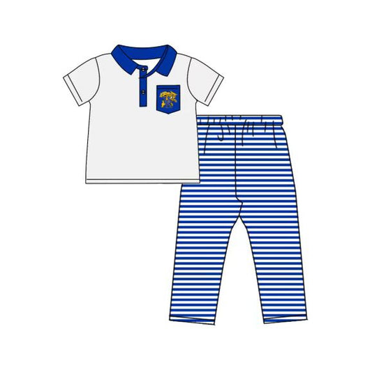 (Custom Design Preorder MOQ 5) Team's Tigers UK Polo Top Blue Stripes Pants Boys Clothes Set