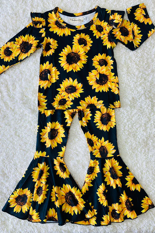 (Custom Design Preorder MOQ 5) Sunflowers Print Bell Pants Girls Clothes Set