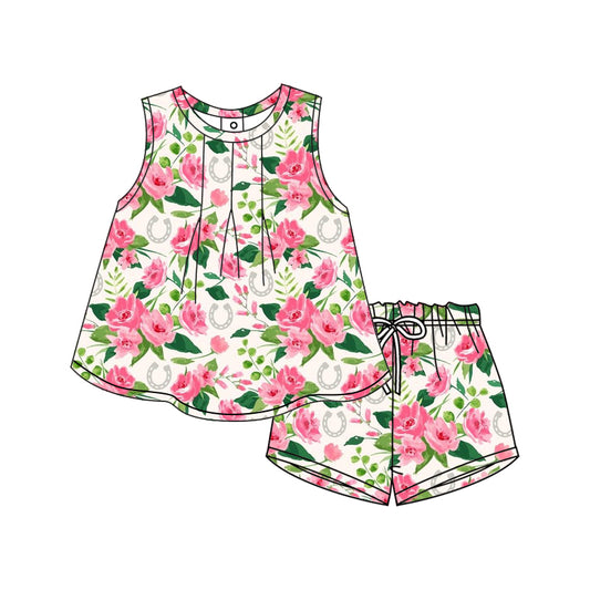 12.9(Custom Design Preorder MOQ 5) Pink Flowers Sleeveless Top Shorts Girls Summer Clothes Set