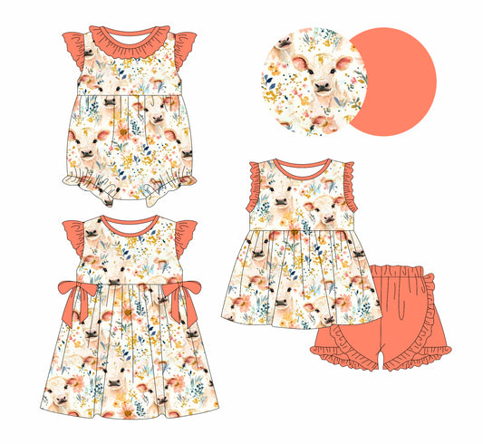5.23(Custom Design Preorder MOQ 5 Each Design) Heifer Flowers Print Girls Summer Matching Clothes Sisters Wear