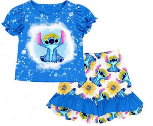 (Custom Design Preorder MOQ 5)  Blue Cartoon Animals Sunflowers Print Girls Summer Clothes Set