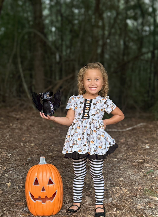 (Custom Design Preorder MOQ 5) Pumpkin Cat House Tunic Top Stripes Pants Girls Halloween Clothes Set