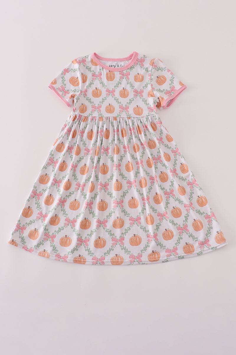 (Custom Design Preorder MOQ 5 ) Pumpkin Bows Girls Fall Knee Length Dress