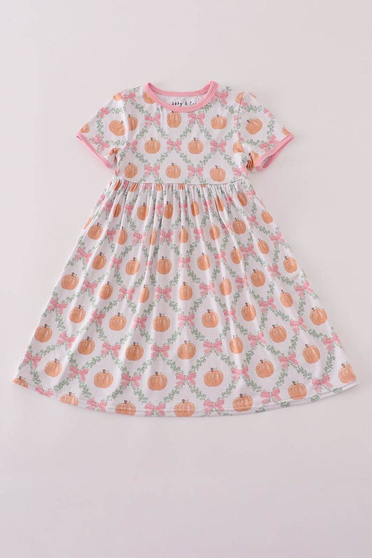 (Custom Design Preorder MOQ 5 ) Pumpkin Bows Girls Fall Knee Length Dress