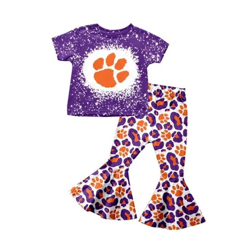 (Custom Design Preorder MOQ 5)Purple Orange Football Team's Print Girls Bell Pants Clothes Set