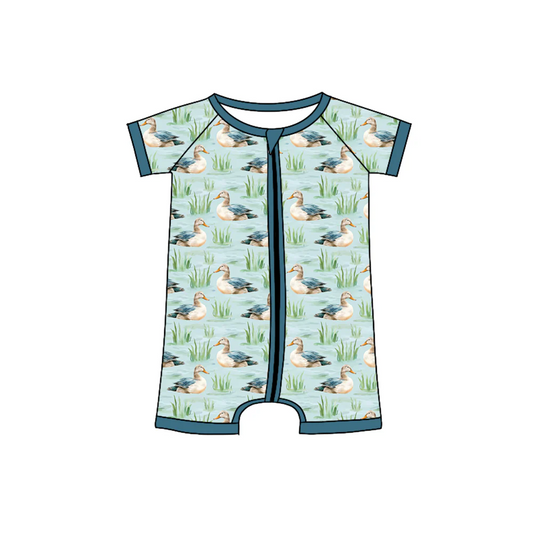 (Custom Design Preorder MOQ 5) Green Duck Print Baby Boys Summer Sleeper Zipper Romper