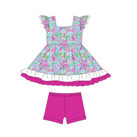 (Custom Design Preorder MOQ 5) Flowers Tunic Top Hot Pink Shorts Girls Summer Clothes Set