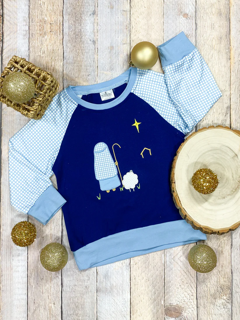 (Custom Design Preorder MOQ 5) Nativity Blue Print Boys Christmas Tee Shirts Top