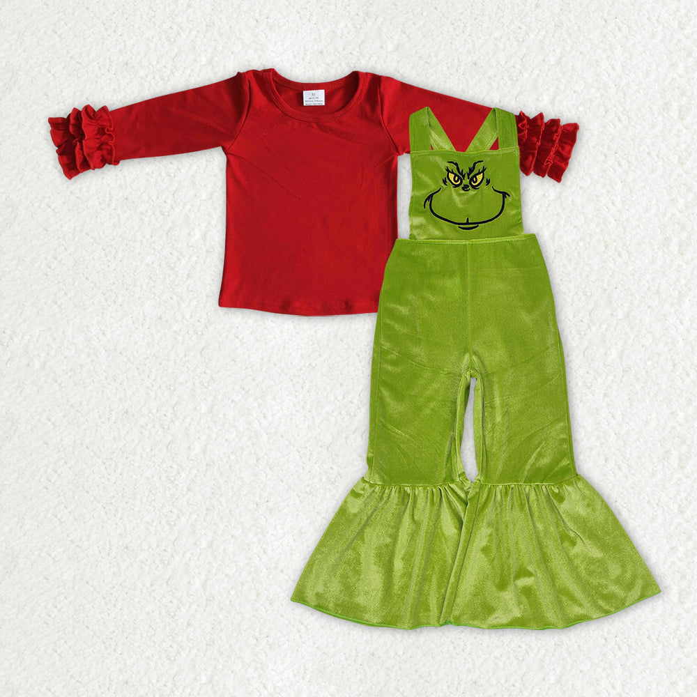 GLP2279  Red Top Green Frog Face Embroidery Velvet Jumpsuits Girls Christmas Clothes Set