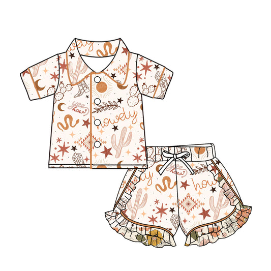 (Custom Design Preorder MOQ 5) Howdy Flowers Print Girls Summer Pajamas Clothes Set