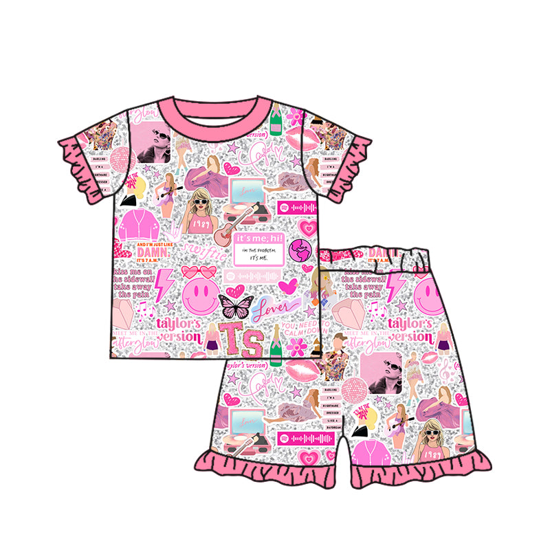 (Custom Design Preorder MOQ 5) Pink Singer Print Girls Summer Pajamas Clothes Set