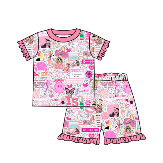 (Custom Design Preorder MOQ 5) Pink Singer Print Girls Summer Pajamas Clothes Set