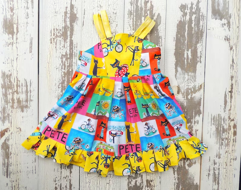 (Custom Design Preorder MOQ 5)  Peter Cartoon Cat Print Girls Knee Length Summer Dress