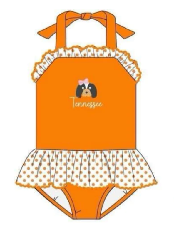 (Custom Design Preorder MOQ 5) Team's Orange T Print Girls 1 Piece Swimsuits