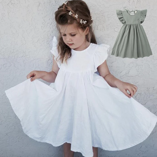 (Custom Design Preorder MOQ 5)  White Color Flutter Sleeve Girls Summer Knee Length Dress