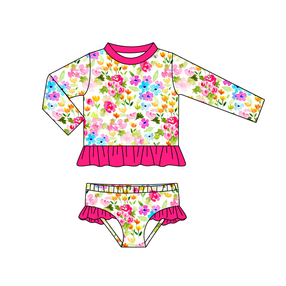 (Custom Design Preorder MOQ 5) Colorful Flowers Print Girls 2 Pieces Long Sleeve Swimsuits