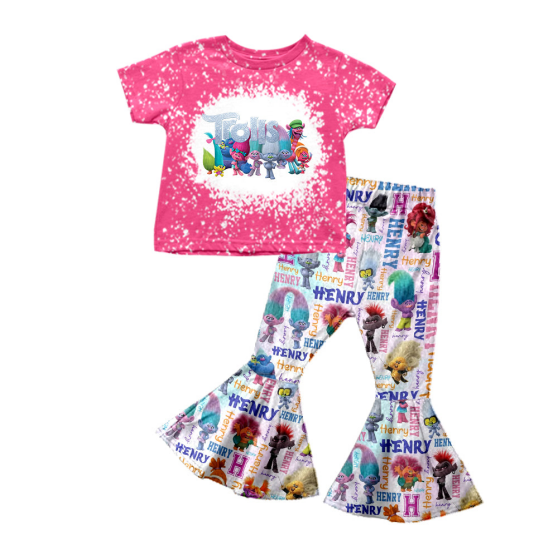 (Custom Design Preorder MOQ 5) Cartoon Monster Colorful Print Bell Pants Girls Clothes Set