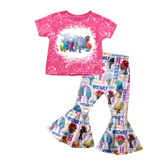 (Custom Design Preorder MOQ 5) Cartoon Monster Colorful Print Bell Pants Girls Clothes Set