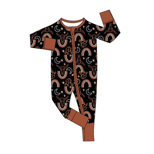 (Custom Design Preorder MOQ 5)  Skull Rainbow Brown Print Baby Girls Fall Bamboo Sleeper Zipper Romper