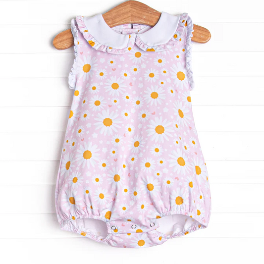 (Custom Design Preorder MOQ 5) Pink Daisy Print Baby Girls Summer Romper