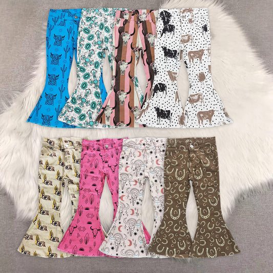 9 Print Denim Fabric Bell Bottom Jeans Girls Western Pants
