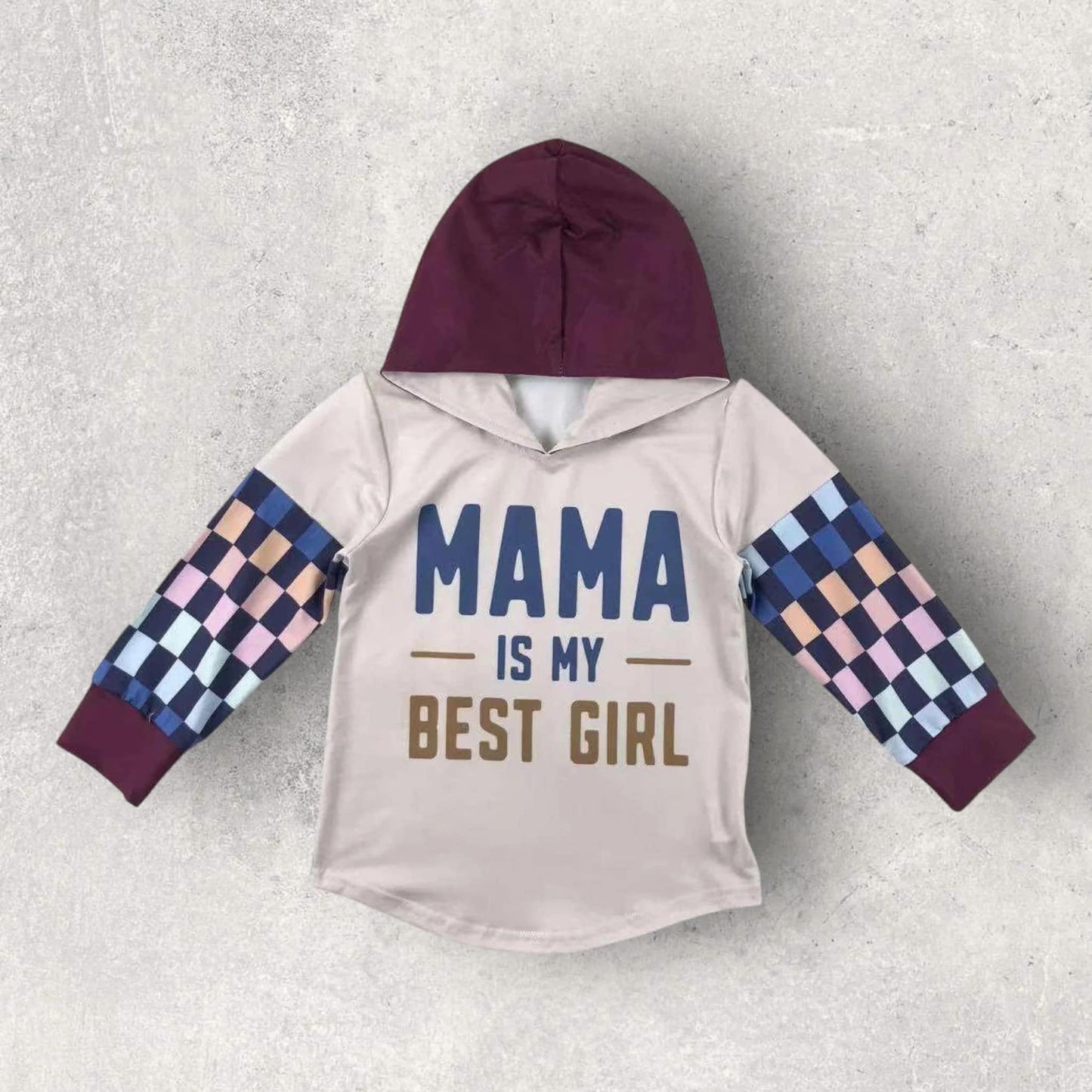 (Custom Design Preorder MOQ 5 ) MAMA IS MY BEST GIRL Plaid Print Kids Hoodie Top