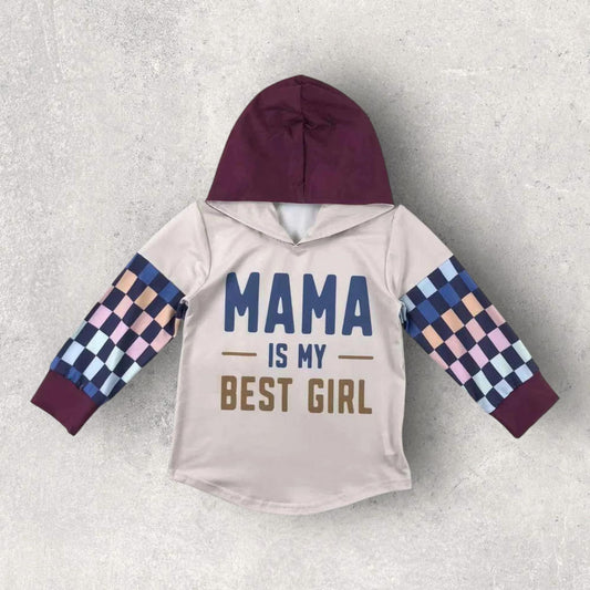 (Custom Design Preorder MOQ 5 ) MAMA IS MY BEST GIRL Plaid Print Kids Hoodie Top