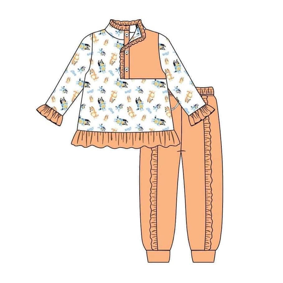 (Custom Design Preorder MOQ 5) Cartoon Dog Pullover Top Orange Pants Girls Fall Clothes Set