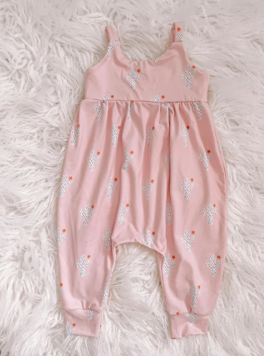 (Custom Design Preorder MOQ 5)  Pink Cactues Print Girls Summer Jumpsuits